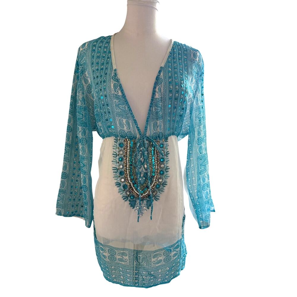 Boston Proper XL Blue White Coverup Embellished Paisley Tunic Dress Beaded Beach
